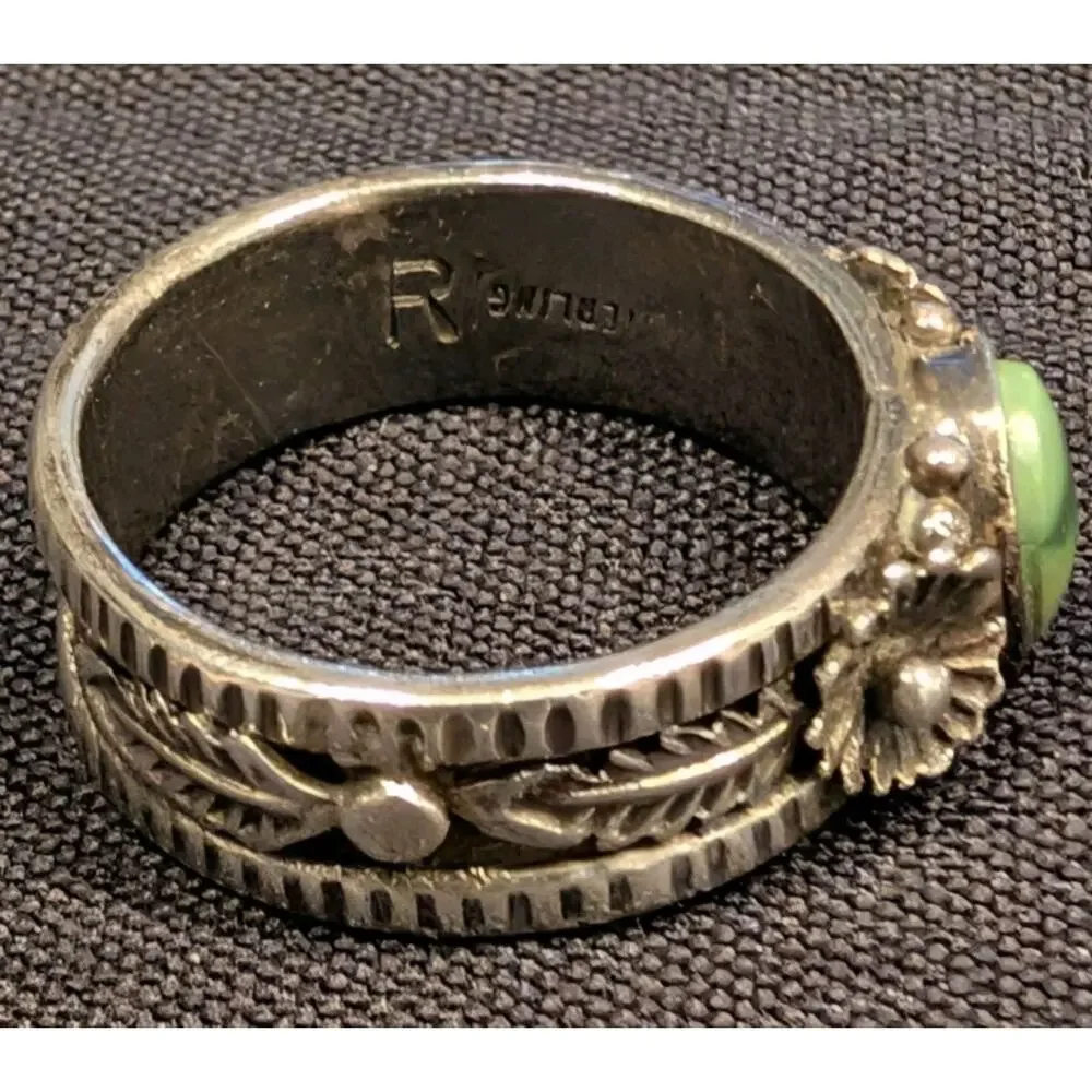 VTG Mens Sterling Silver Natural Green Turquoise Stone Ring Wide Band Sz 8.75
